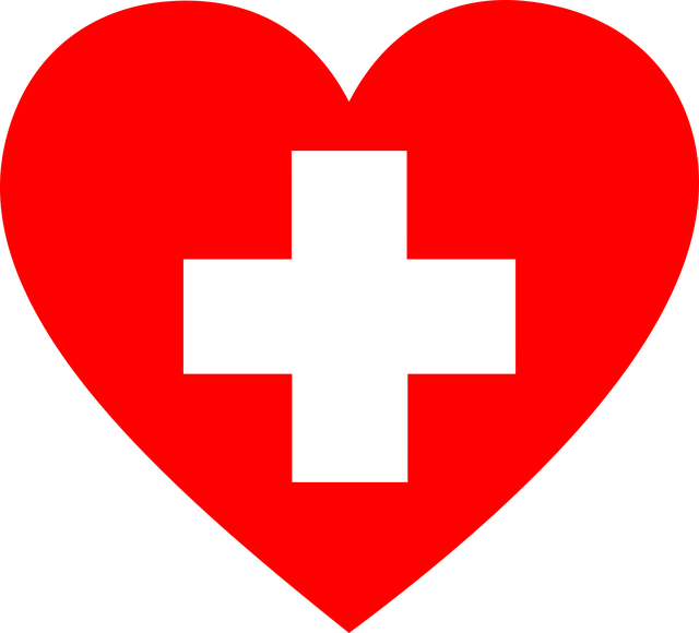 Red heart containing white cross.
